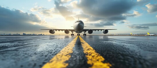 Canvas Print - Business and logistics Cargo transportation with air plane Equipment containers shipping and the traffic road with the yellow line perspective. Creative Banner. Copyspace image