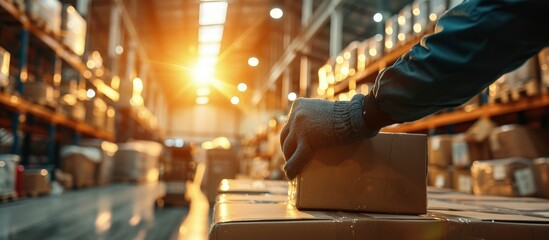 A distribution center worker putting goods in delivery box. Creative Banner. Copyspace image