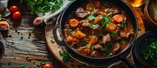 Delicious Beef Bourguignon Stew With Wine Carrots And Onion Garnished With Parsley. Creative Banner. Copyspace Image