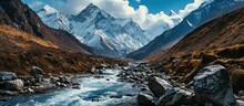 Himalaya Mountains And Stream Water From Melted Glacier View From Bimthang Village In Manaslu Circuit Trekking Route In Nepal Asia. Creative Banner. Copyspace Image