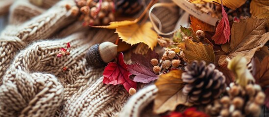 Sticker - fall mockup card with autumn leaves invitation card with environment and details Mockup with postcard and flowers acorn and ribbon on knitted background. Creative Banner. Copyspace image