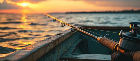 Wall Mural - Fishing rod spinning Fishing rod in rod holder and boat due the fishery day at the sunset Rod rings Fishing tackle Fishing spinning reel carp fish ing Angler at sunse Algeria in Africa