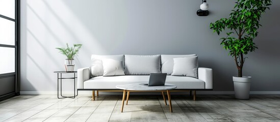 Poster - Contemporary minimalist living room interior with sofa floor lamp and coffee table with laptop. Creative Banner. Copyspace image