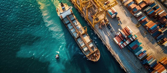 Wall Mural - Aerial drone ultra wide top down panoramic photo with copy space of container tanker anchored in loading unloading container terminal port. Creative Banner. Copyspace image