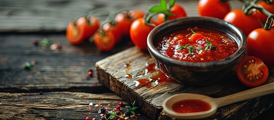 Wall Mural - Homemade tomato Passata in white bowl on wooden table. Creative Banner. Copyspace image