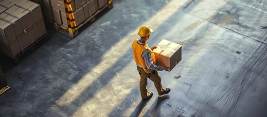 Sticker - A distribution center worker putting goods in delivery box. Creative Banner. Copyspace image