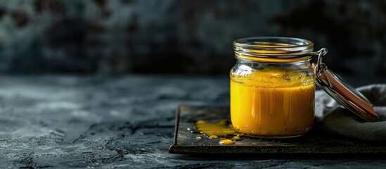 Poster - Homemade honey mustard salad dressing in a jar. Creative Banner. Copyspace image