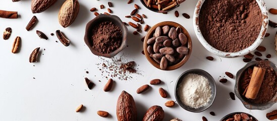 Aufkleber - Cocoa drink and cocoa powder in wooden spoon isolated on white background Top view Flat lay. Creative Banner. Copyspace image