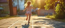Closeup Of Little Girl S Legs And Hop Scotch Drawn On Asphalt Child Playing Hopscotch Game On Playground Outdoors On A Sunny Day Summer Activities For Children. Creative Banner. Copyspace Image