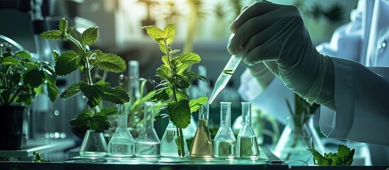 botanist scientist man in white lab coat works on experimental plant plots hands of biological resea