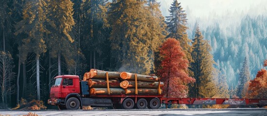 Loading logs on a truck trailer using a tractor loader with a grab crane Transportation of coniferous logs to the sawmill Deforestation and exploitation of nature felling trees. Creative Banner