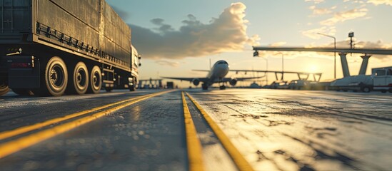 Sticker - Business and logistics Cargo transportation with air plane Equipment containers shipping and the traffic road with the yellow line perspective. Creative Banner. Copyspace image