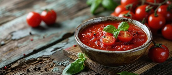 Aufkleber - Homemade tomato Passata in white bowl on wooden table. Creative Banner. Copyspace image