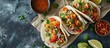 Homemade Fresh Fish Tacos top view Flat lay overhead from above. Creative Banner. Copyspace image