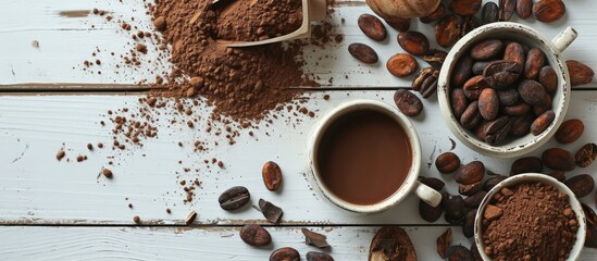 Aufkleber - Hot chocolate in the cup cocoa beans and powder on the white wooden table top view. Creative Banner. Copyspace image