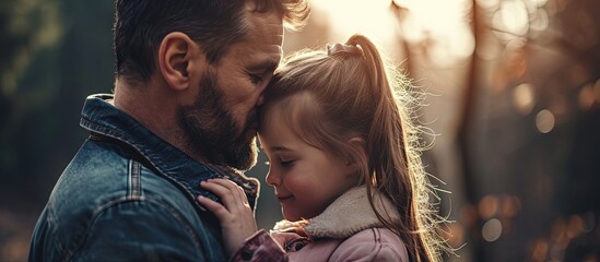 father kiss her daughter forehead when taking her to school in the morning primary student first day. Creative Banner. Copyspace image