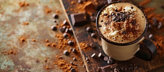Leinwandbilder - Caramel latte with float cocoa powder and chocolate chips topping perfect for recipe article catalogue or any cooking contents. Creative Banner. Copyspace image