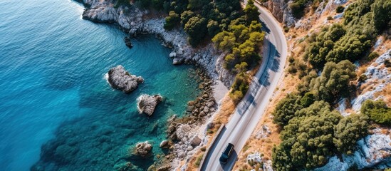 Poster - AERIAL TOP DOWN Car cruises down the empty asphalt road leading along the beautiful rocky beach in Lefkas Flying above the coastline of an isle in the Mediterranean and car driving down scenic