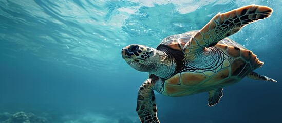 Canvas Print - Green sea turtle in blue sea water tropical tortoise swimming underwater. Creative Banner. Copyspace image