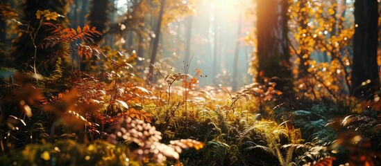 Aufkleber - Beautiful morning in autumn forest sun lights plants and fern branches. Creative Banner. Copyspace image