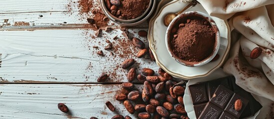 Aufkleber - Hot chocolate in the cup cocoa beans and powder on the white wooden table top view. Creative Banner. Copyspace image
