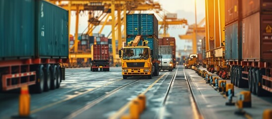 Sticker - Container handlers and trucks In the loading and unloading yard. Creative Banner. Copyspace image