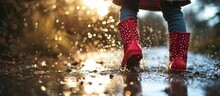 Child With Polka Dots Umbrella Wearing Red Rain Boots Jumping Into A Puddle. Creative Banner. Copyspace Image