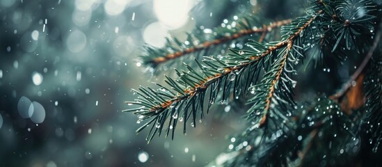 Fototapete - Close up of rain drops on a pine tree branch Blurred background Moody atmosphere of a rainy day. Creative Banner. Copyspace image