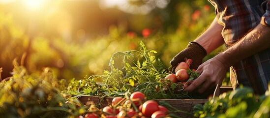 Sticker - agriculture organic agronomist genetic nature gardener plant fresh vegetables harvest nutrition gardener is going to harvest organic agriculture nature fresh vegetables put on basket. Creative Banner