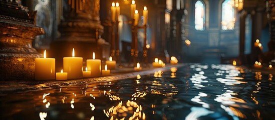 Poster - Christening in the church Details in the orthodox christian church Big bowl of water for the baptism of a baby with wax candles. Creative Banner. Copyspace image