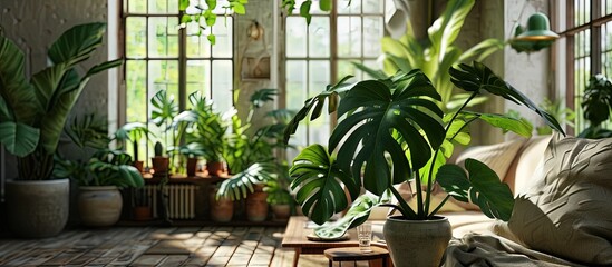 Poster - Home plant heaven Green plants in boho living room Monstera plant Tropical flowers Bohemian lifestyle Ceramic pots Home garden hobby Deep green Large leaf on mostera plant Holes in the leaves
