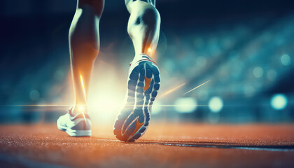 Wall Mural - Sneakers on athlete's feet close-up while running at stadium