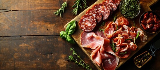 Poster - Different Italian ham and salami with herbs. Creative Banner. Copyspace image
