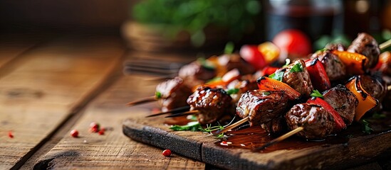 Canvas Print - Barbecue skewers meat kebabs with vegetables on flaming grill. Creative Banner. Copyspace image