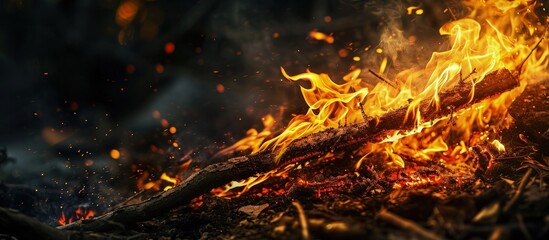 Poster - A bonfire at night with a burning stick in it. Creative Banner. Copyspace image