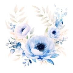 Sticker - Beautiful floral frame with blush blue  flowers. Watercolor roses, peony, anemone, green leaves, foliage 