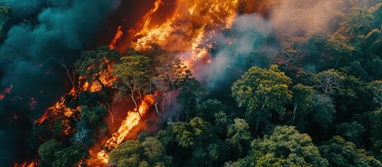 Wall Mural - Aerial view of a forest fire out of control during a summer in southern Honduras. Creative Banner. Copyspace image