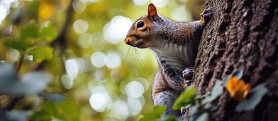 Sticker - Beautiful wild gray squirrel climbing tree trunk in summer town park. Creative Banner. Copyspace image