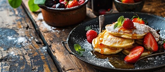 Poster - Delicious and homemade mini pancakes as a sweet perfect snack Poffertjes with fruits as sweet breakfast. Creative Banner. Copyspace image
