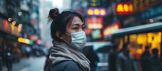 Sticker - Asian woman wearing a protective face mask on a city street with air pollution. Creative Banner. Copyspace image