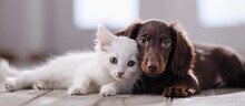 Cat And Dog Dachshund Puppy Chocolate Color And White Kitten. Creative Banner. Copyspace Image