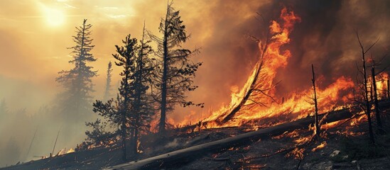 Sticker - Forest fire fallen tree is burned to the ground a lot of smoke when wildfire Selective focus. Creative Banner. Copyspace image