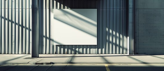 Wall Mural - Horizontal front view of empty square white signage on a building with modern metallic plates. Creative Banner. Copyspace image