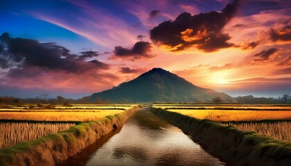  mountain and rive field with river in the middle at dusk with sunset view, beautiful view of rice field at dusk time