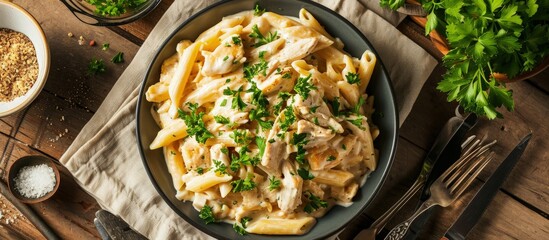 Aufkleber - Homemade Chicken Alfredo Penne with Parsley on cloth top view Overhead from above flat lay. Creative Banner. Copyspace image