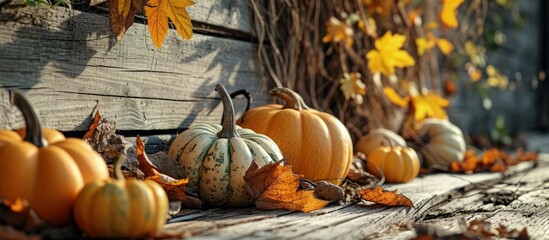 Poster - Beautiful table setting with fresh pumpkins and fallen leaves near wooden wall. Creative Banner. Copyspace image