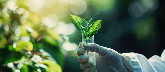 Wall Mural - close up of scientist hand holding tube with leaf. creative banner. copyspace image