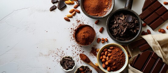 Aufkleber - Cocoa drink and cocoa powder in wooden spoon isolated on white background Top view Flat lay. Creative Banner. Copyspace image