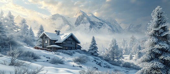 Wall Mural - Idyllic photo of a mountain house during the winter. Creative Banner. Copyspace image