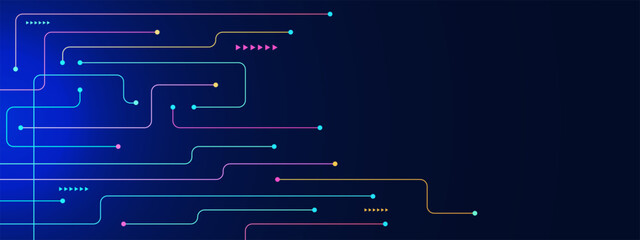 Abstract multi colored lines and points on a dark blue for digital technology, network connection and modern tech concept background.